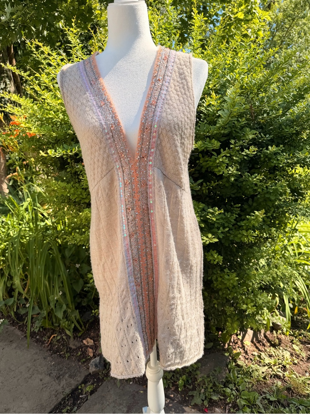LARGE Free People Beige Knit Sleeveless Vest with Peach Sequin Trim